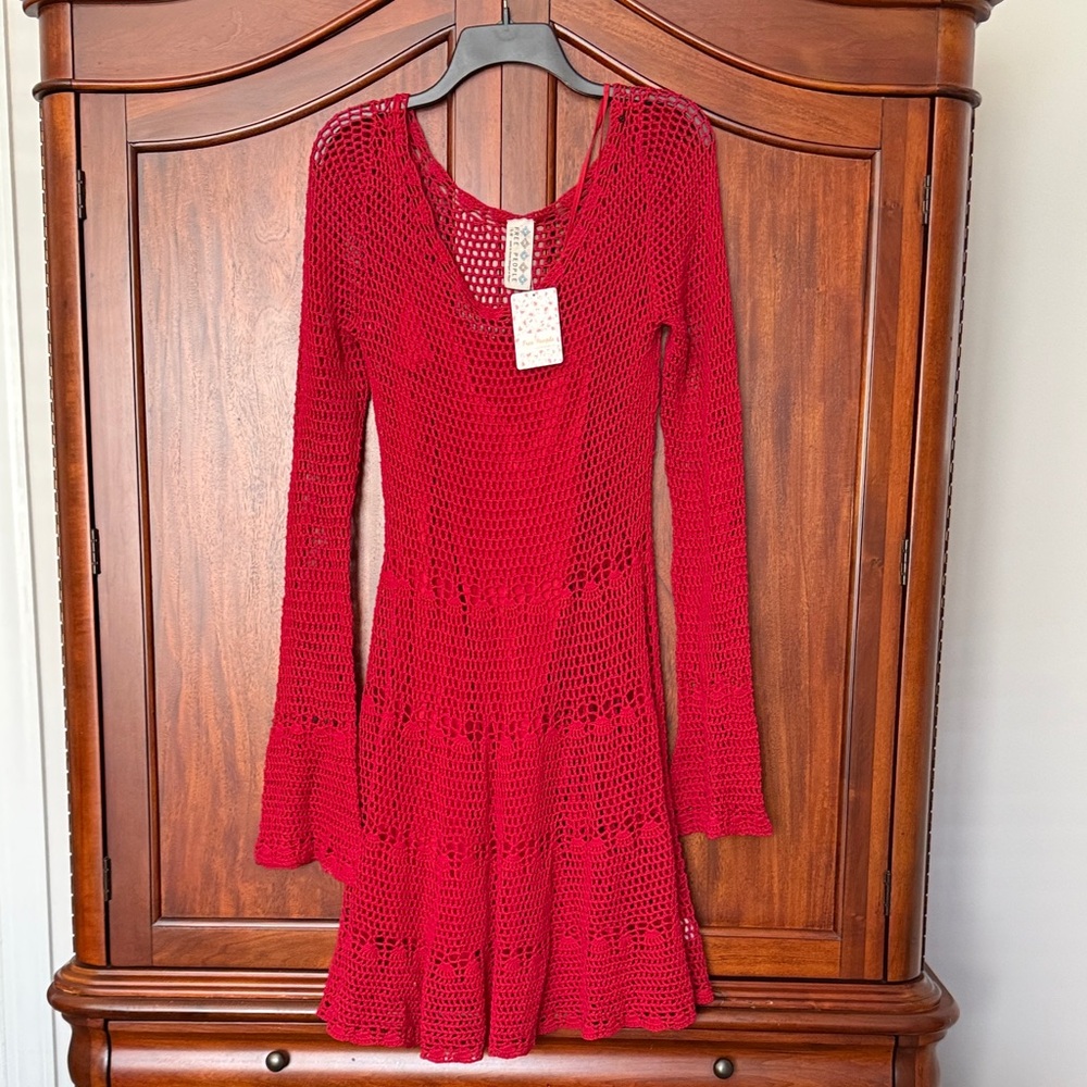 Free People Red Long Sleeve Crochet Dress
